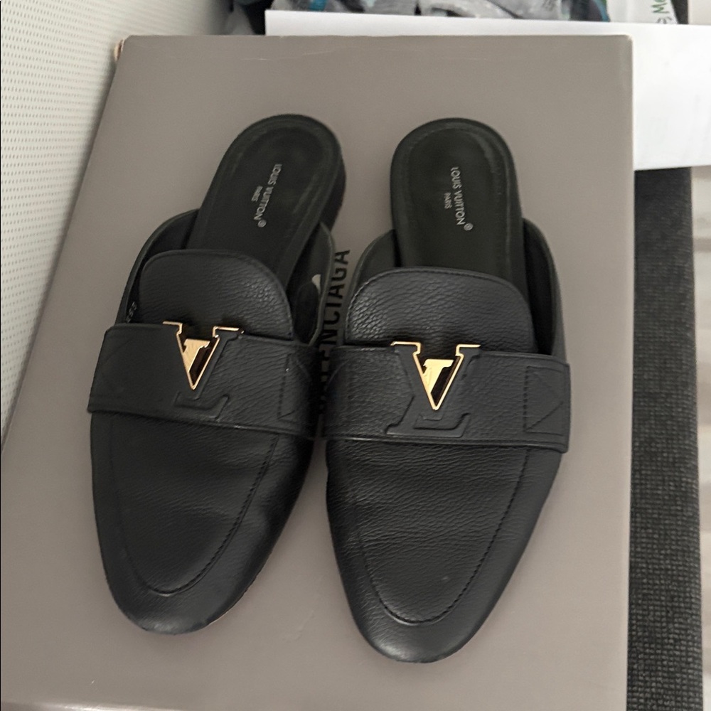 Louis Vuitton Black Leather Slip-On Loafers with Gold V Accent